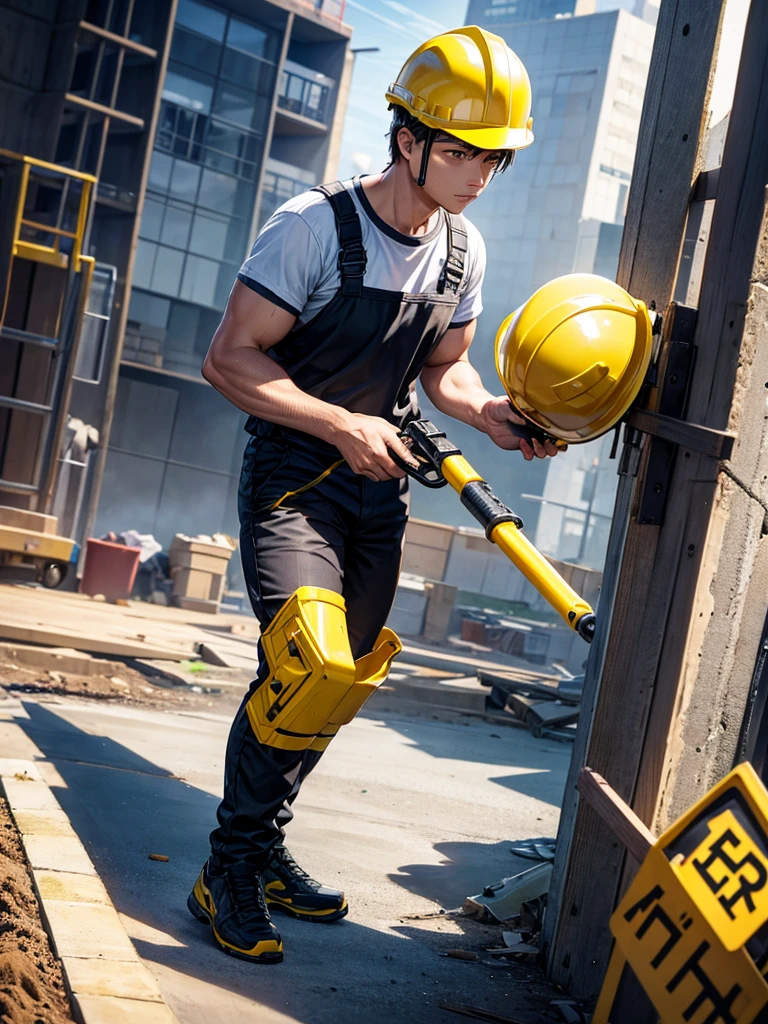 Highest quality,Highest Resolution,Man working at construction site,Black work clothes,Yellow helmet,