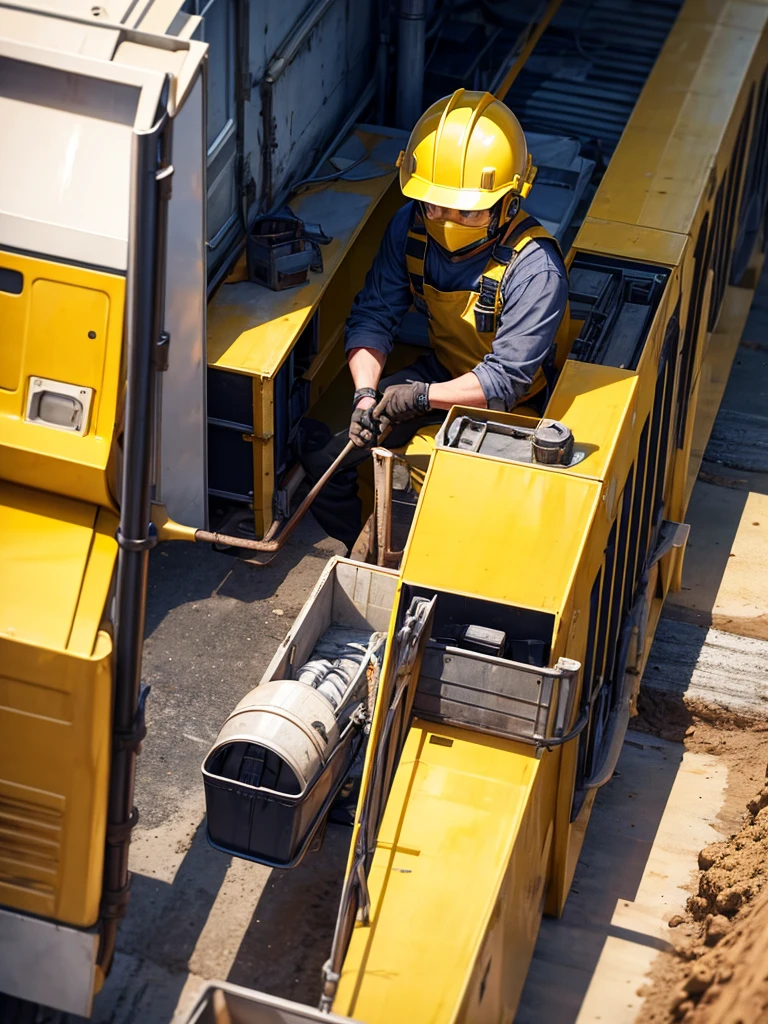 Highest quality,Highest Resolution,Man working at construction site,Black work clothes,Yellow helmet,