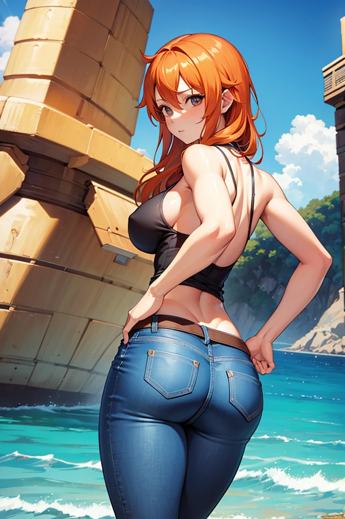 (masterpiece), best quality, expressive eyes, perfect face, detailed hands, detailed anatomy, perfect anatomy, nami, Orange Hair, From Behind, skinny jeans, beach background, big ass, detailed background, one girl