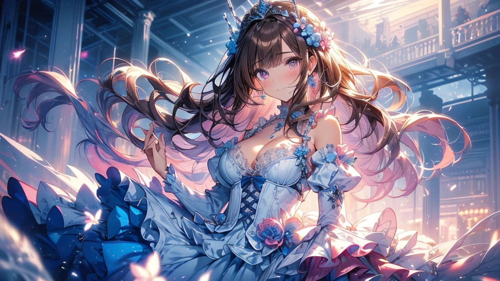 (wide-angle lens), mature woman, 1girl, (masterpiece, best quality, ultra-detailed), sharp focus, detailed face, face focus, extremely detailed eyes, long hair, crown braid, hair over shoulder, gradient hair, brown hair, pink eyes, long eyelashes, (blush, small smile), delicate makeup, big breasts, bare shoulders, small cleavage, tiara, ((colors of clothing: fluffy layered ball gown that is blue, white, with lots of frills)), ((lots of flowers, blue particles surrounds, floating islands in distance, floating heavenly pillars with engraved runes on sides, breeze)), cinematic lighting, rim lightning, ray tracing, shadowing, dynamic angle