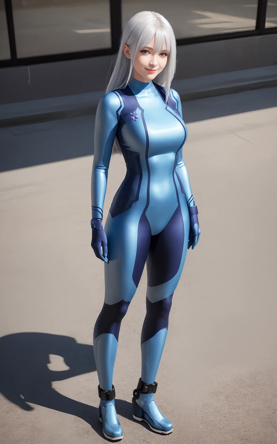 ((full body photo, standing, on the ground)) blue eyes, stunning proportions, smile, photorealistic, a beauty girl, bodysuit, silver hair, intricate details, large breasts, zero suit