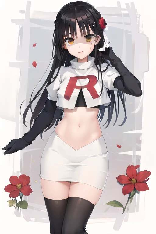 solo, Natsume, black hair, yellow eyes, long hair, hairclip, hair ribbon, mole under eye, hair flower, red flower, team rocket,team rocket uniform,white skirt,red letter R,crop top,black thigh-highs,black elbow gloves