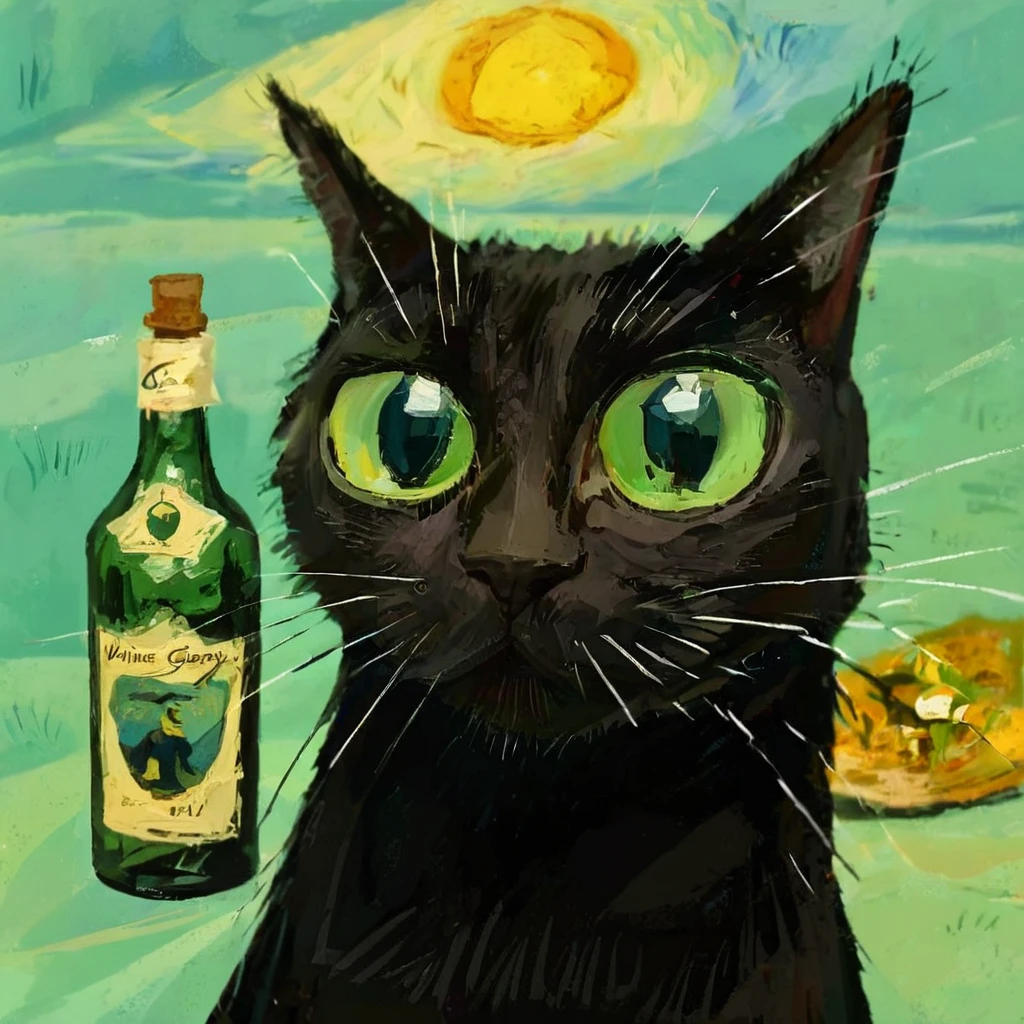 black cat with a absinth bottle, (Vincent van Gogh on the background:1.5), caricature, albeniz rodriguez style