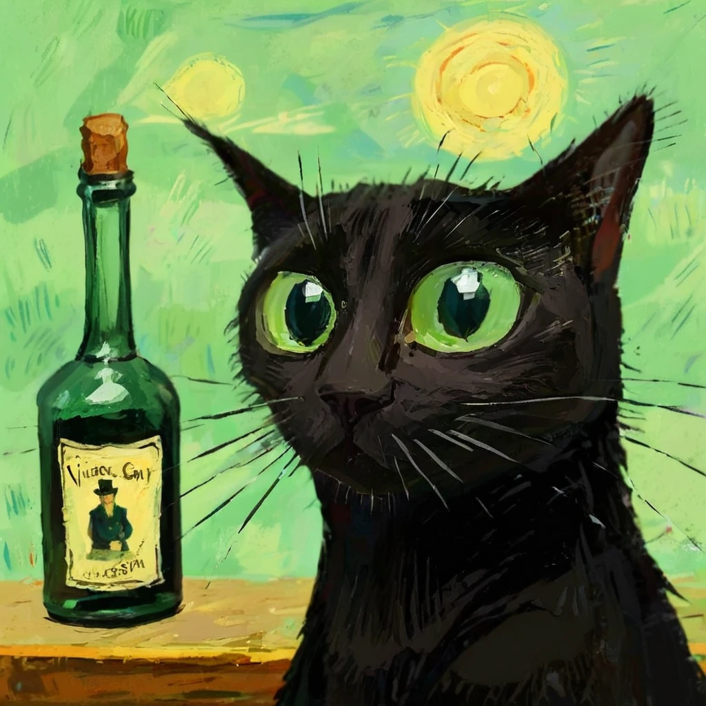 black cat with a absinth bottle, (Vincent van Gogh on the background:1.5), caricature, albeniz rodriguez style