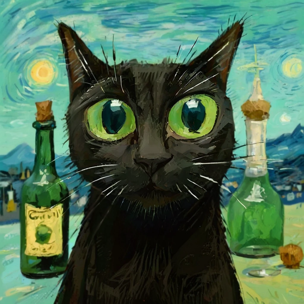 black cat with a absinth bottle, (Vincent van Gogh on the background:1.5), caricature, albeniz rodriguez style