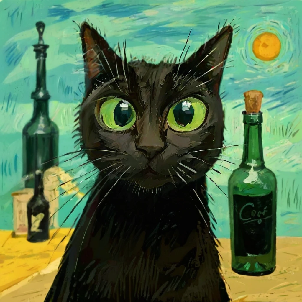 black cat with a absinth bottle, (Vincent van Gogh on the background:1.5), caricature, albeniz rodriguez style