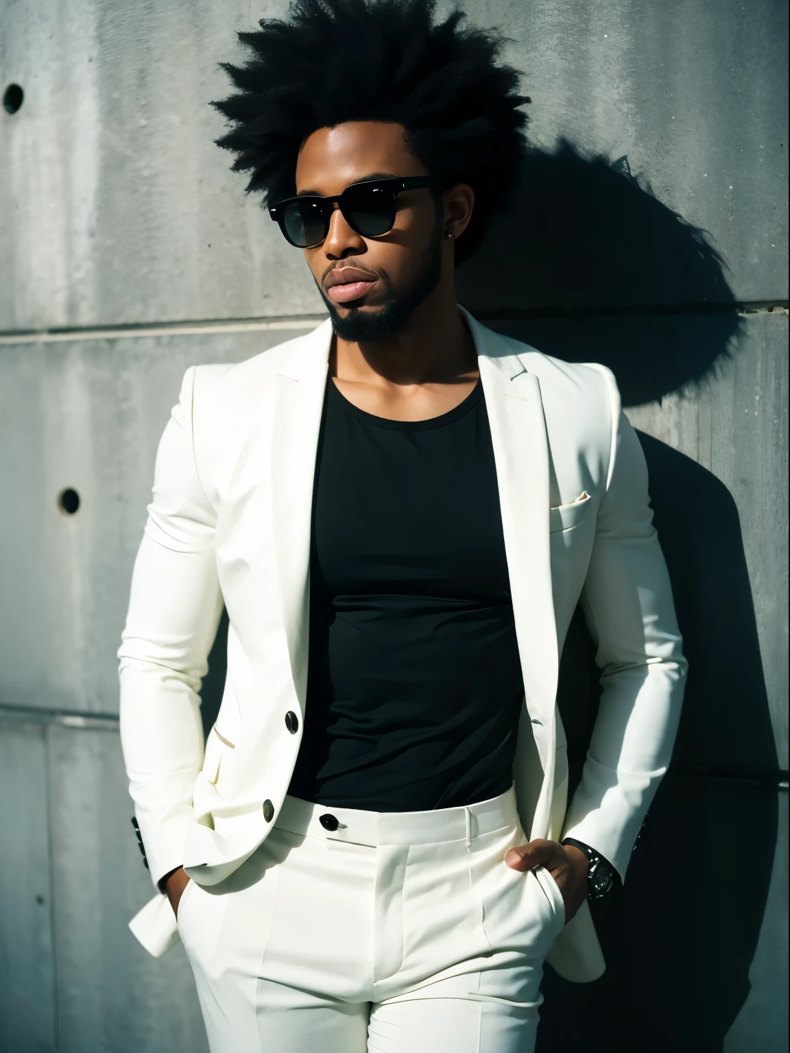 black T-shirt, bared wide a front of white suit, black wall, facing forward, waist up, midnight, black man, afro hair, eyewear, wild