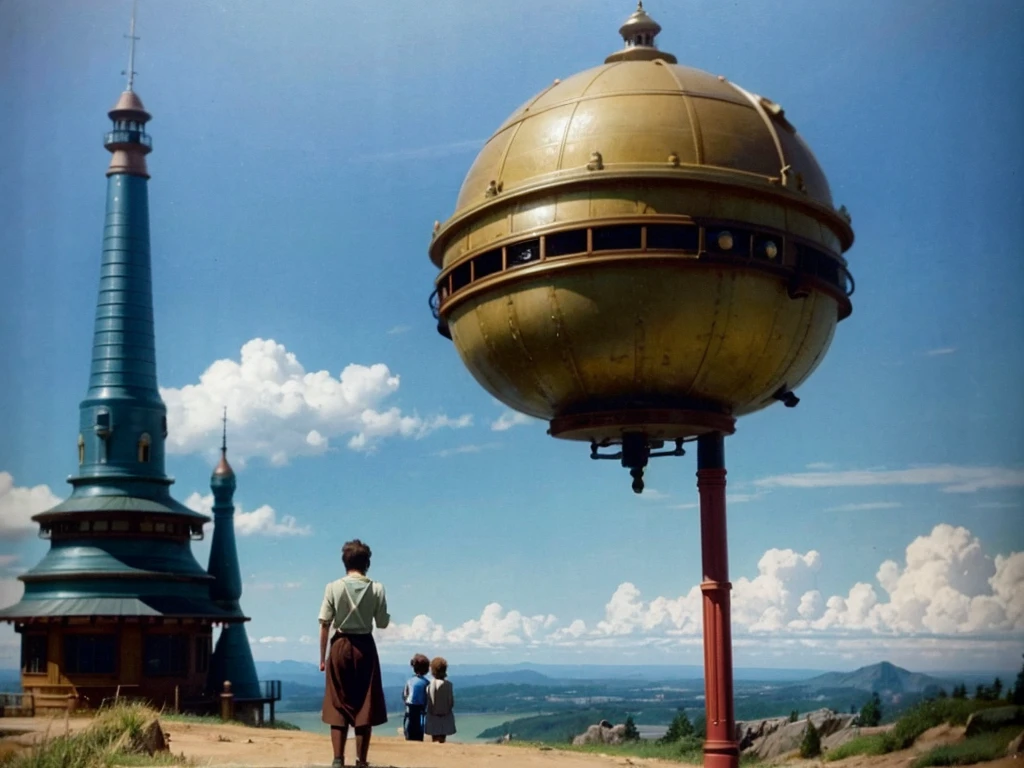 DVD screengrab from studio ghibli movie, beautiful steampunk observatory, clouds on blue sky, designed by Hayao Miyazaki, retro anime