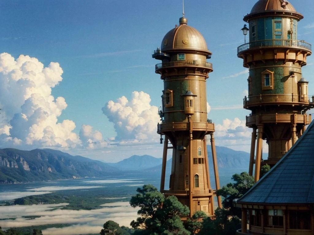 DVD screengrab from studio ghibli movie, beautiful steampunk observatory, clouds on blue sky, designed by Hayao Miyazaki, retro anime