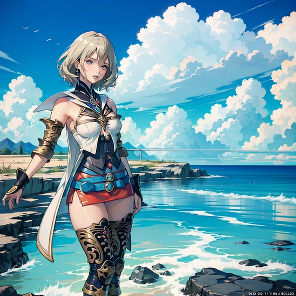 (cowboy shot, masutepiece, of the highest quality, Official art, Beautiful and aesthetic:1.2), ighly detailed, Colorful, highest details, Illustrations, Everyday scenery, 1girl in, Solo, (large boob, Final Fantasy 12, Ashelia, shorth hair, short-hair, Ashelia Costume, Red mini skirt, thighs, Knee socks that cover up to the shin, jewely, Blue belt), is standing, Medieval fantasy, move chart, anime, Best Quality, anatomically correct