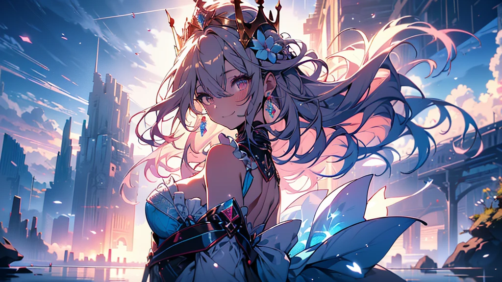 (wide-angle lens), mature woman, 1girl, (masterpiece, best quality, ultra-detailed), sharp focus, detailed face, face focus, extremely detailed eyes, long hair, crown braid, hair over shoulder, gradient hair, brown hair, pink eyes, long eyelashes, (blush, small smile), delicate makeup, big breasts, bare shoulders, small cleavage, tiara, ((colors of clothing: fluffy layered ball gown that is blue, white, with lots of frills)), ((lots of flowers, blue particles surrounds, floating islands in distance, floating heavenly pillars with engraved runes on sides, breeze)), cinematic lighting, rim lightning, ray tracing, shadowing, dynamic angle