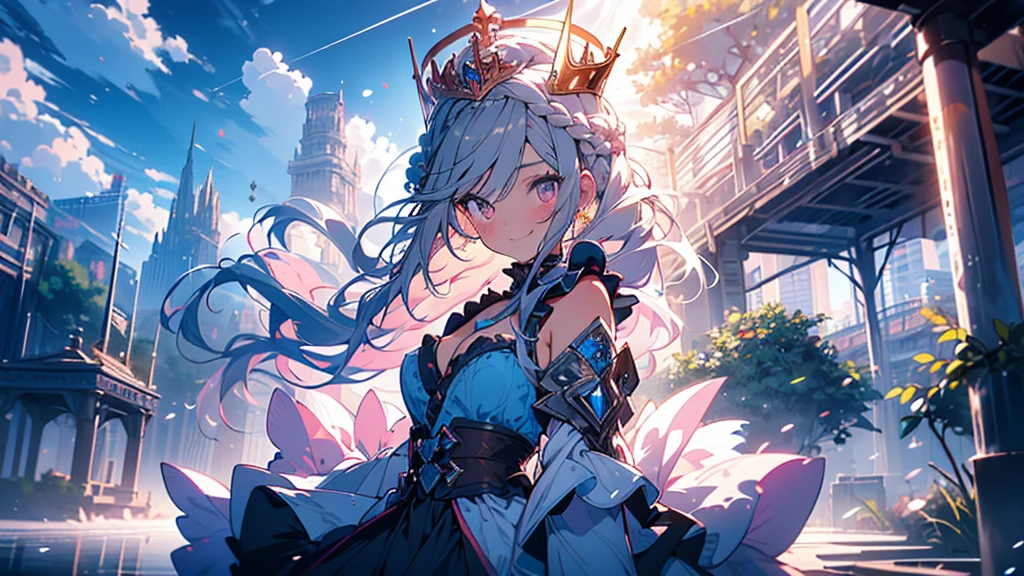 (wide-angle lens), mature woman, 1girl, (masterpiece, best quality, ultra-detailed), sharp focus, detailed face, face focus, extremely detailed eyes, long hair, crown braid, hair over shoulder, gradient hair, brown hair, pink eyes, long eyelashes, (blush, small smile), delicate makeup, big breasts, bare shoulders, small cleavage, tiara, ((colors of clothing: fluffy layered ball gown that is blue, white, with lots of frills)), ((lots of flowers, blue particles surrounds, floating islands in distance, floating heavenly pillars with engraved runes on sides, breeze)), cinematic lighting, rim lightning, ray tracing, shadowing, dynamic angle