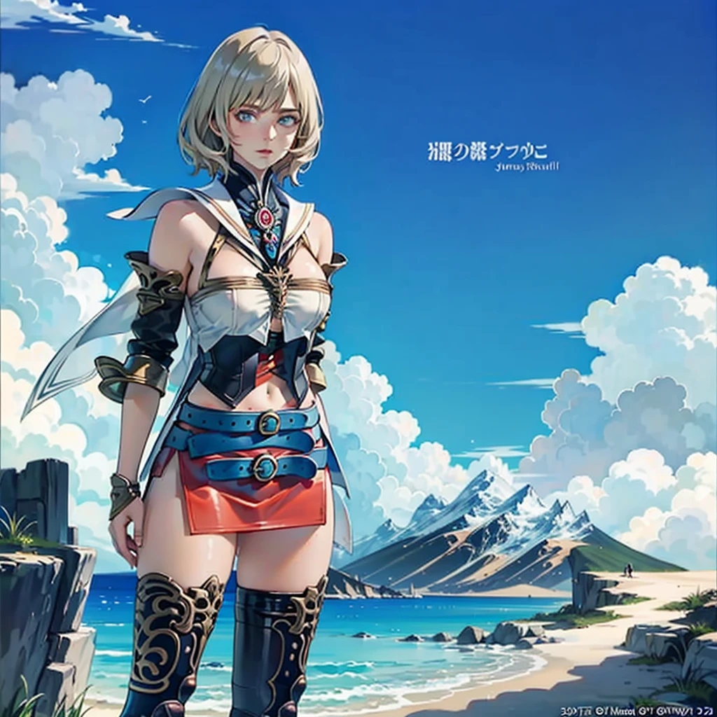 (cowboy  shot, masutepiece, of the highest quality, Official art, Beautiful and aesthetic:1.2), ighly detailed, Colorful, highest details, Illustrations, Everyday scenery, 1girl in, Solo, (large boob, Final Fantasy 12, Ashelia, shorth hair, short-hair, Ashelia Costume, Red mini skirt, thighs, Knee socks that cover up to the shin, jewely, Blue belt), is standing, Medieval fantasy, move chart, anime, Best Quality, anatomically correct