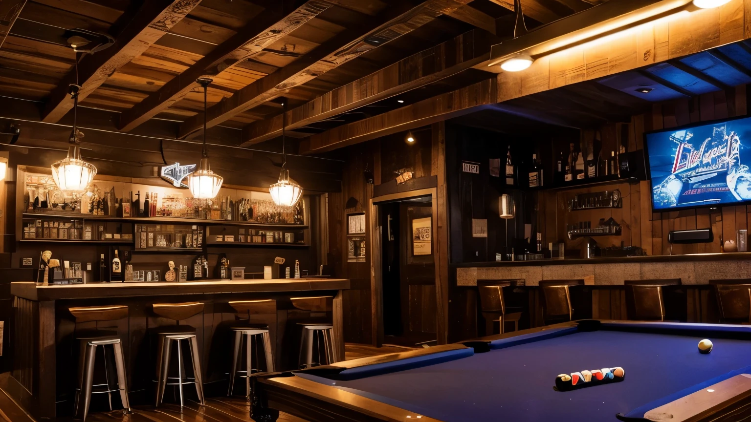 motoboy bar from a small city, bar pov, there is a dart arrow on the ceiling, a pool table, rock n roll references in the decoration, rustic. wide view, no people, ultrarealistic