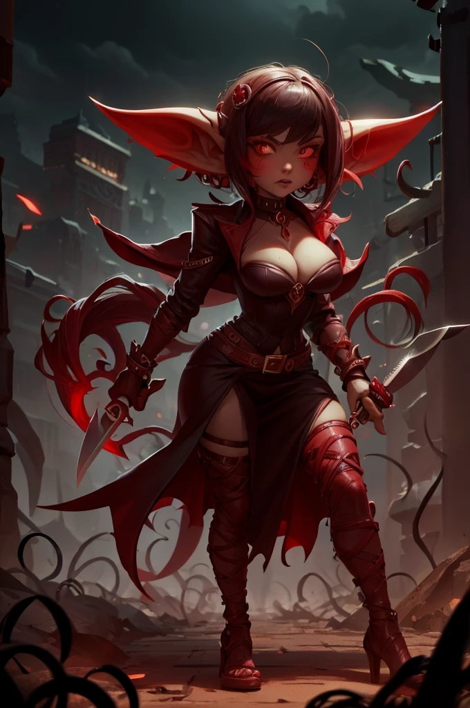 goblin mafia woman, black and red clothes, with a knife in his hands