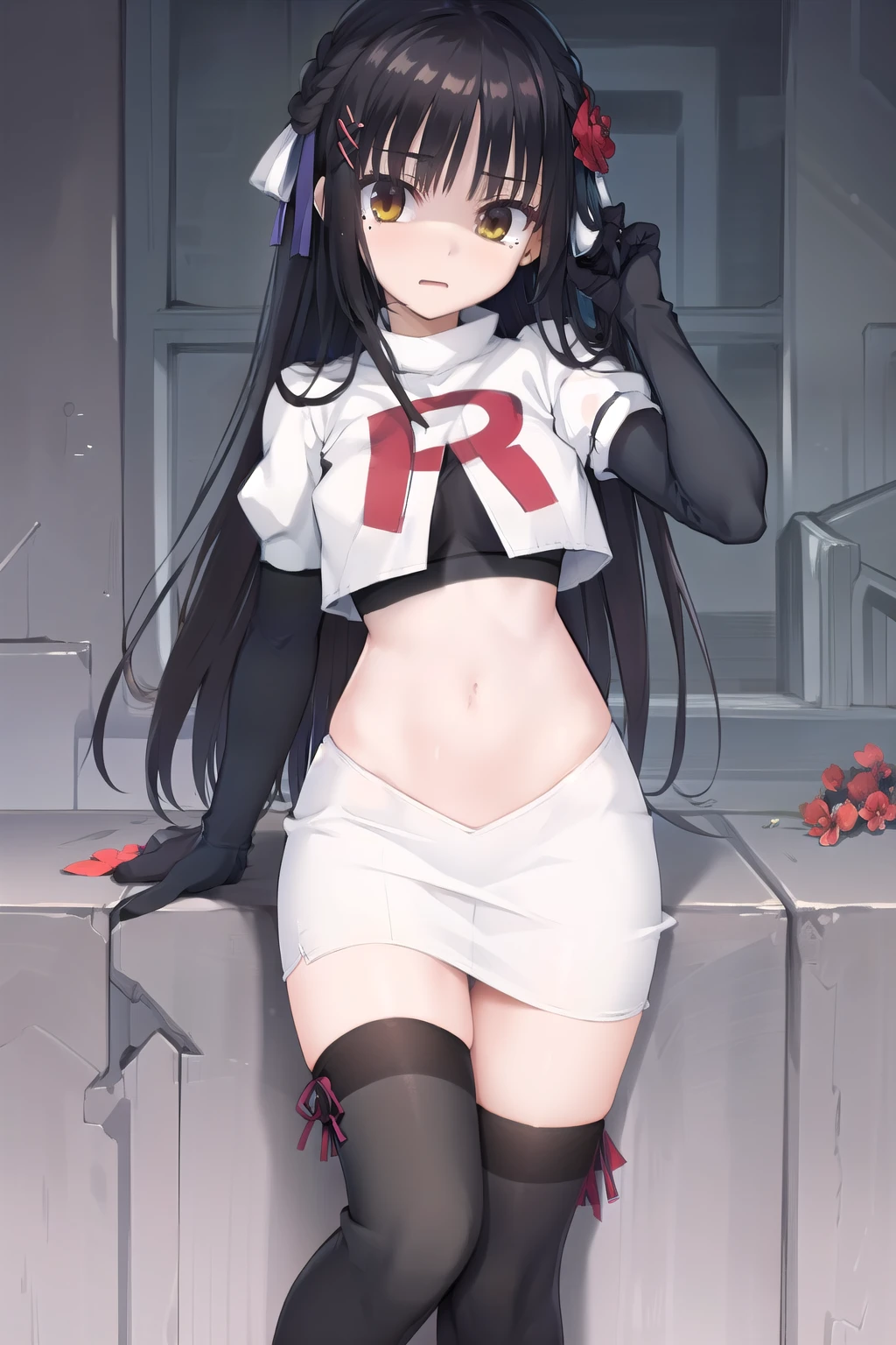 solo, Natsume, black hair, yellow eyes, long hair, hairclip, hair ribbon, mole under eye, hair flower, red flower, team rocket,team rocket uniform,white skirt,red letter R,crop top,black thigh-highs,black elbow gloves