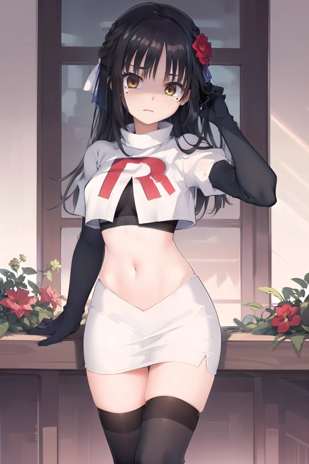 solo, Natsume, black hair, yellow eyes, long hair, hairclip, hair ribbon, mole under eye, hair flower, red flower, team rocket,team rocket uniform,white skirt,red letter R,crop top,black thigh-highs,black elbow gloves