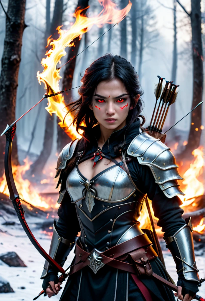 (best quality,16k,32k,highres,masterpiece:1.2),ultra-detailed,(realistic,photorealistic,photo-realistic:1.37),the ultimate Orochi snow Medieval archer bow and flex in pose if attack ,glowing red eyes,realistic fire,destroyed forest background,alone,serious expression,looking at camera,highly detailed,cinematic lighting,dark moody atmosphere,dramatic