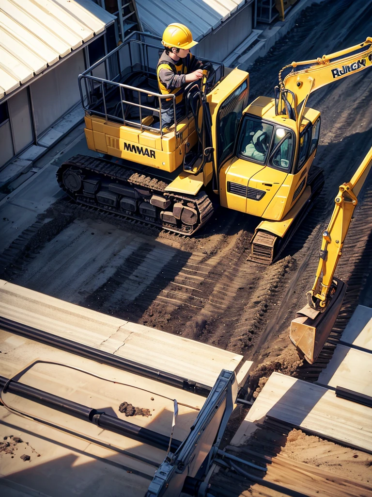 Highest quality,Highest Resolution,Man working at construction site,Black work clothes,Yellow helmet,Excavator,