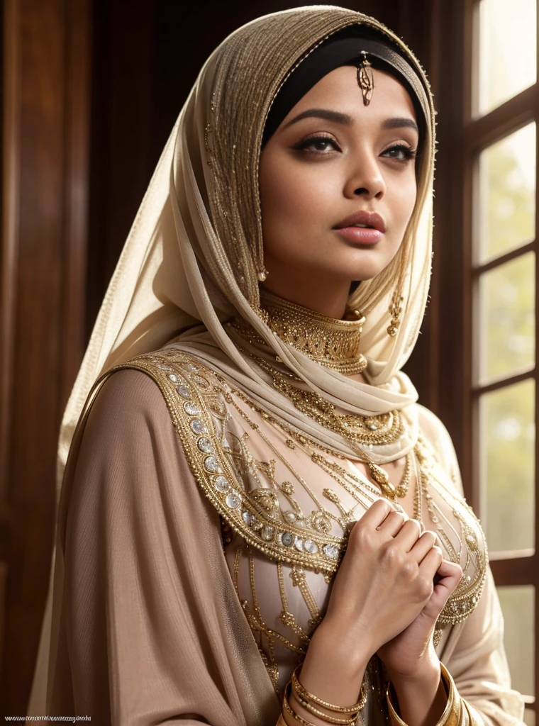 (best quality,ultra-detailed,realistic:1.37),Aishwarya Rai in hijab, Muslim, beautiful detailed eyes, beautiful detailed lips, luscious and curvy body, sexy Arabic girl, wearing see-through abaya, long eyelashes, cozy warm overhead light, backlighting, soft focus, smooth skin, confident expression, exquisite embroidery, alluring gaze, vivid colors, subtle highlights, sensual silhouette, Aishwarya Rai in hijab, Muslim,