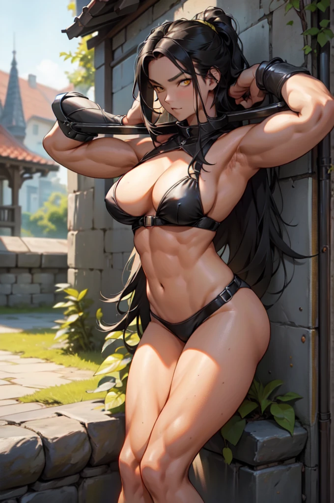 huge breasts pale skin very long hair black hair yellow eyes 1 (((muscular))) Armpits seductive expression