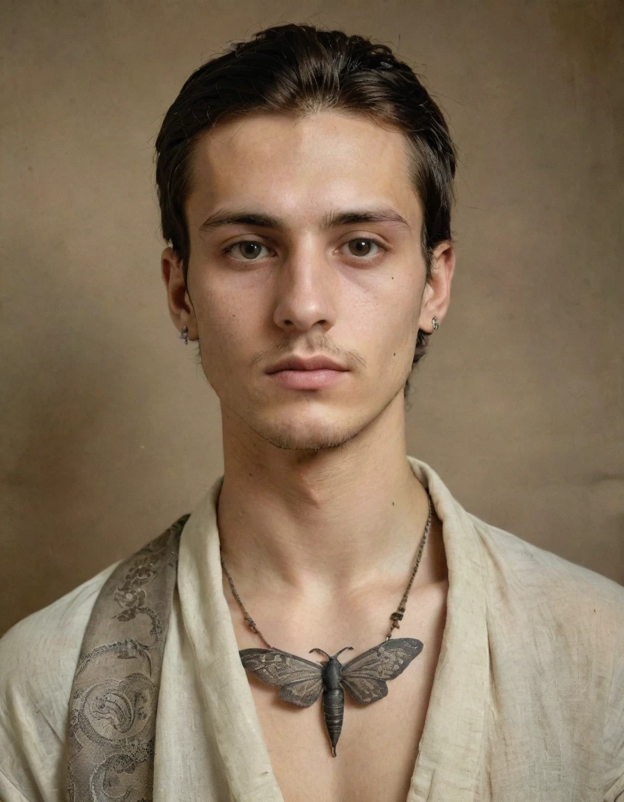 {{{rough monochrome, daguerreotype on old paper, male focus}}}, the composition is: (((((a 20 year old Italian male, dignified, facing viewer, snake eyes. Tattoos, face tattoos. He is wearing an embroidered silken toga with Byzantine elements, sashes, moth medals, pauldrons, diamond shape symbology, moth symbology, jungle background, moth)))))
