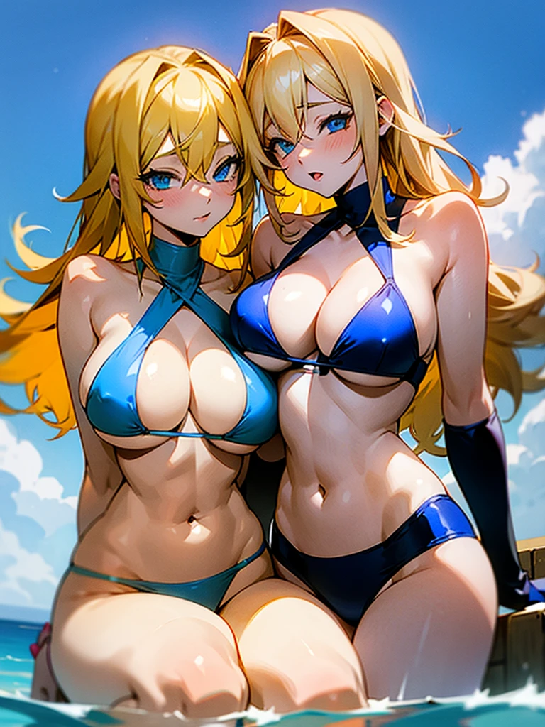 Two anime girls with huge tits and blonde hair lie on top of each other and press their breasts together, are wearing a blue skimpy bikini, hold their breasts