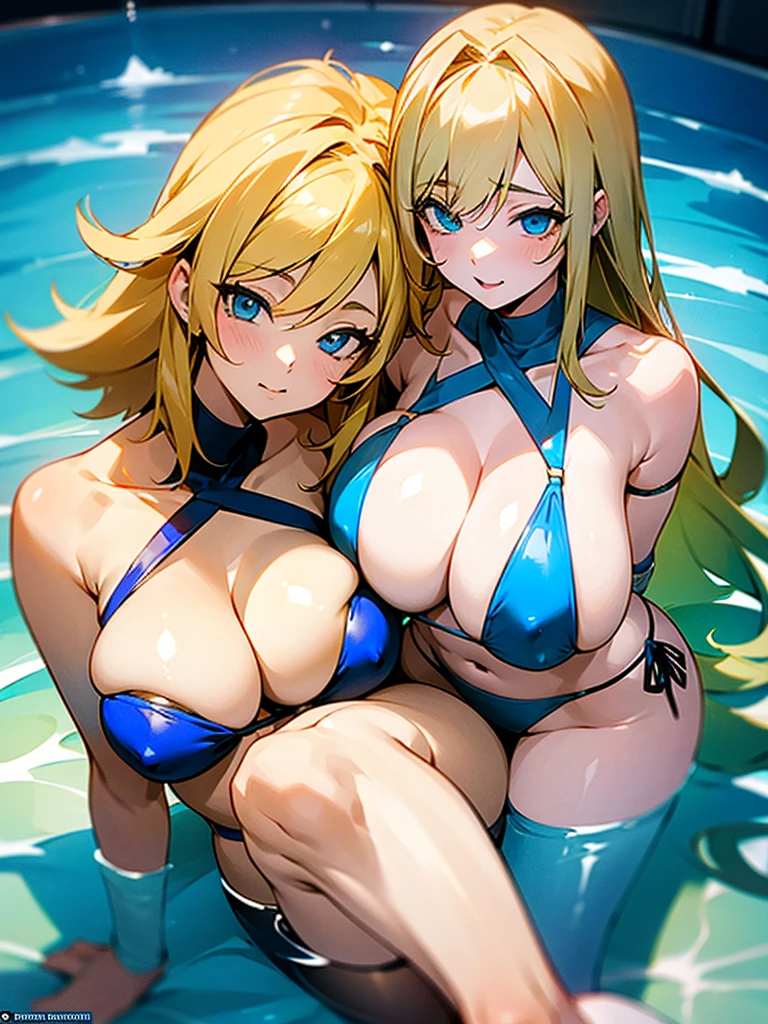 Two anime girls with huge tits and blonde hair lie on top of each other and press their breasts together, are wearing a blue skimpy bikini, hold their breasts