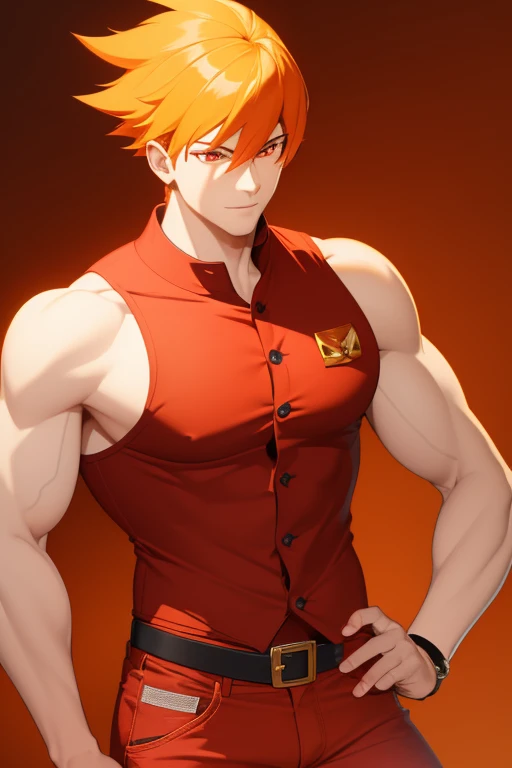 handsome boy fire hair pointed cut yellow complexion slim build strong red eyes yellow sleeveless vest red sleeveless shirt with fire print red jeans orange background