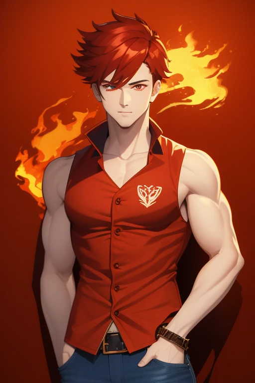 handsome boy fire hair pointed cut yellow complexion slim build strong red eyes yellow sleeveless vest red sleeveless shirt with fire print red jeans orange background