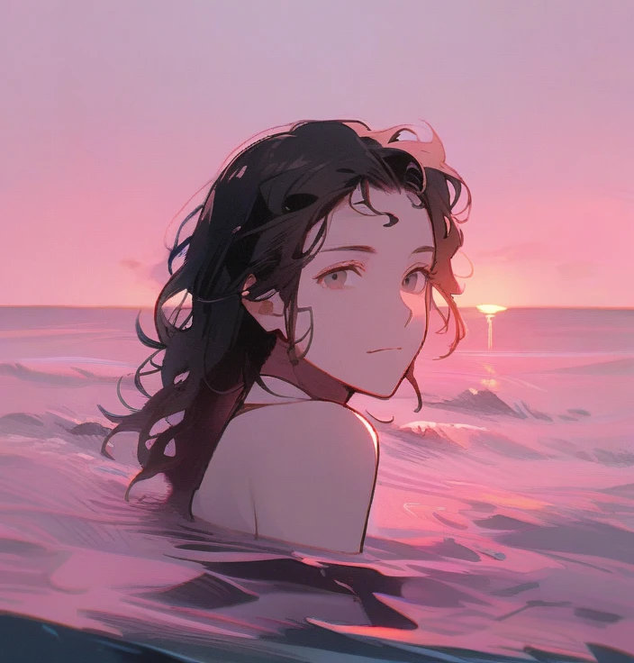 1 girl, long black curly hair, pink sea, pink sky, day, no smile, older girl, sexy face, same stile of the original