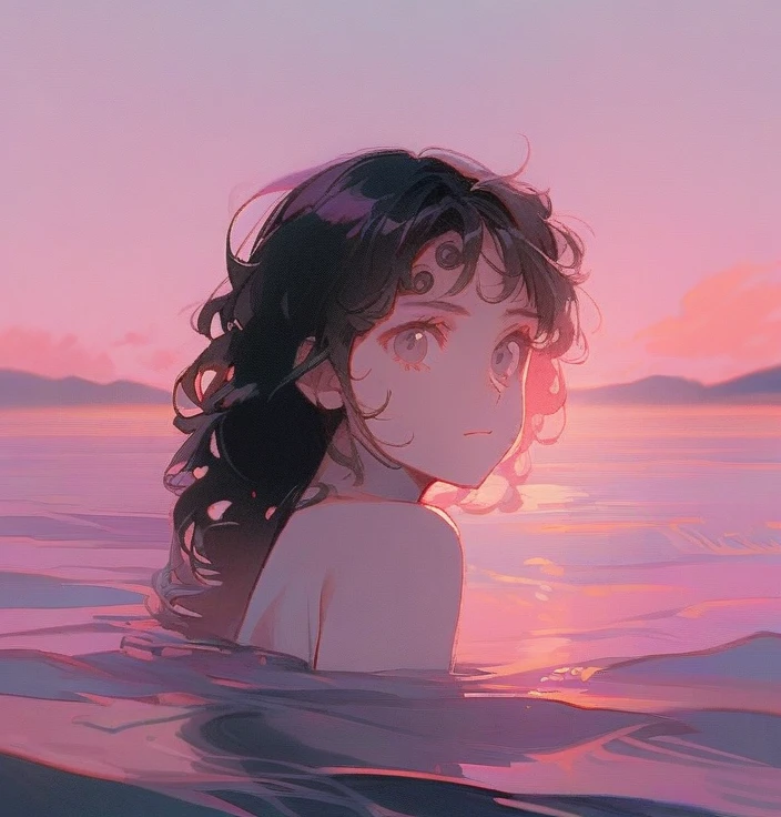 1 girl, long black curly hair, pink sea, pink sky, day, no smile, older girl, sexy face, same stile of the original 