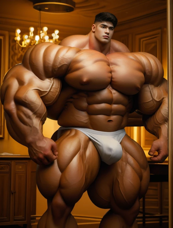 1boy, giant, alone, giant bodybuilder, illuminating light, strong body, bulk, large size, standing in whiet photo studio, indoor, nude, white triangular underwear, thick bulge, scratch his bulge, extraordinary big, brutalmass, giant muscular body, bulk, buff, massive body, large meaty body size, extremely wide body