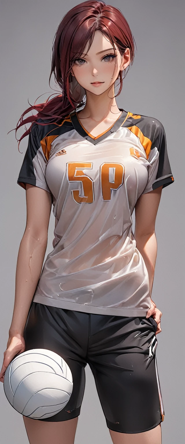 ((best quality)), ((masterpiece)), (detailed), 1girl, orange skin, maroon hair, wet shirt, varsity volleyball player, blank gray background, attack pose, holding volleyball, full body