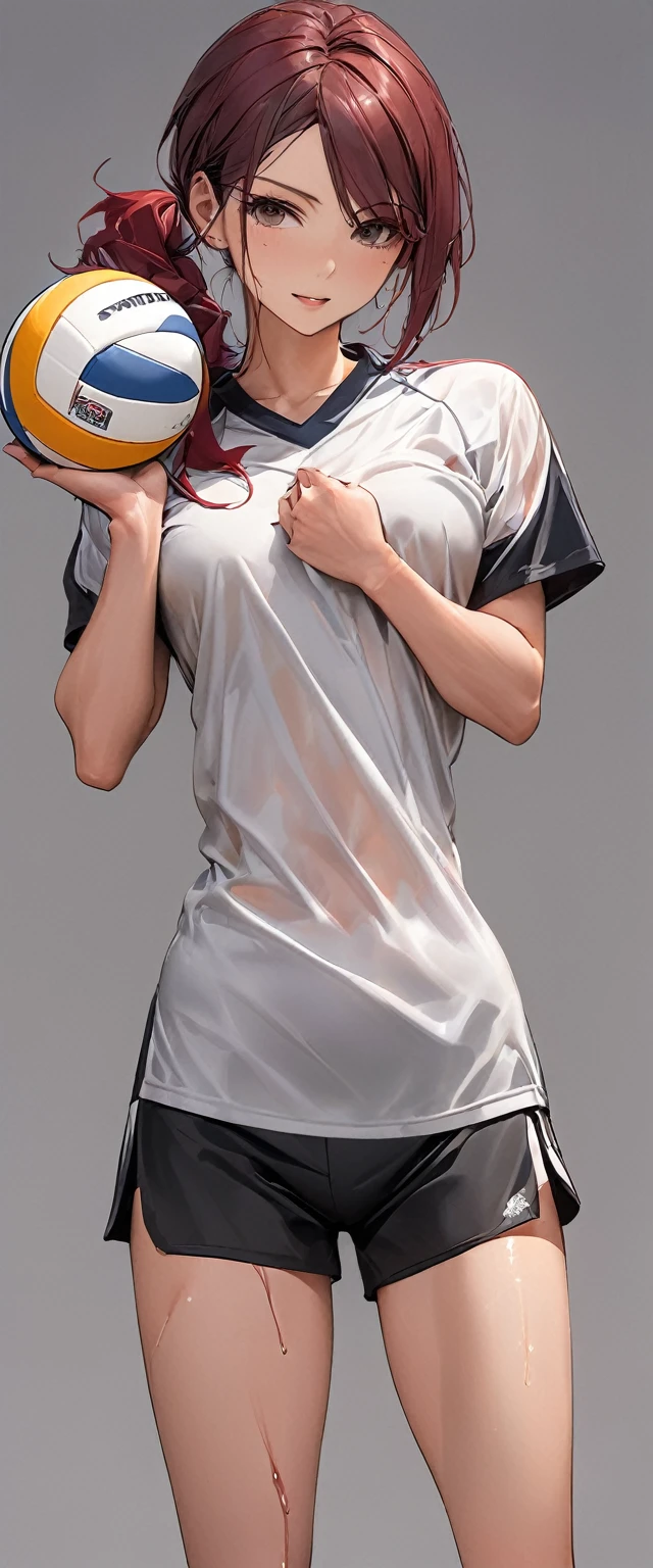 ((best quality)), ((masterpiece)), (detailed), 1girl, orange skin, maroon hair, wet shirt, varsity volleyball player, blank gray background, attack pose, holding volleyball, full body