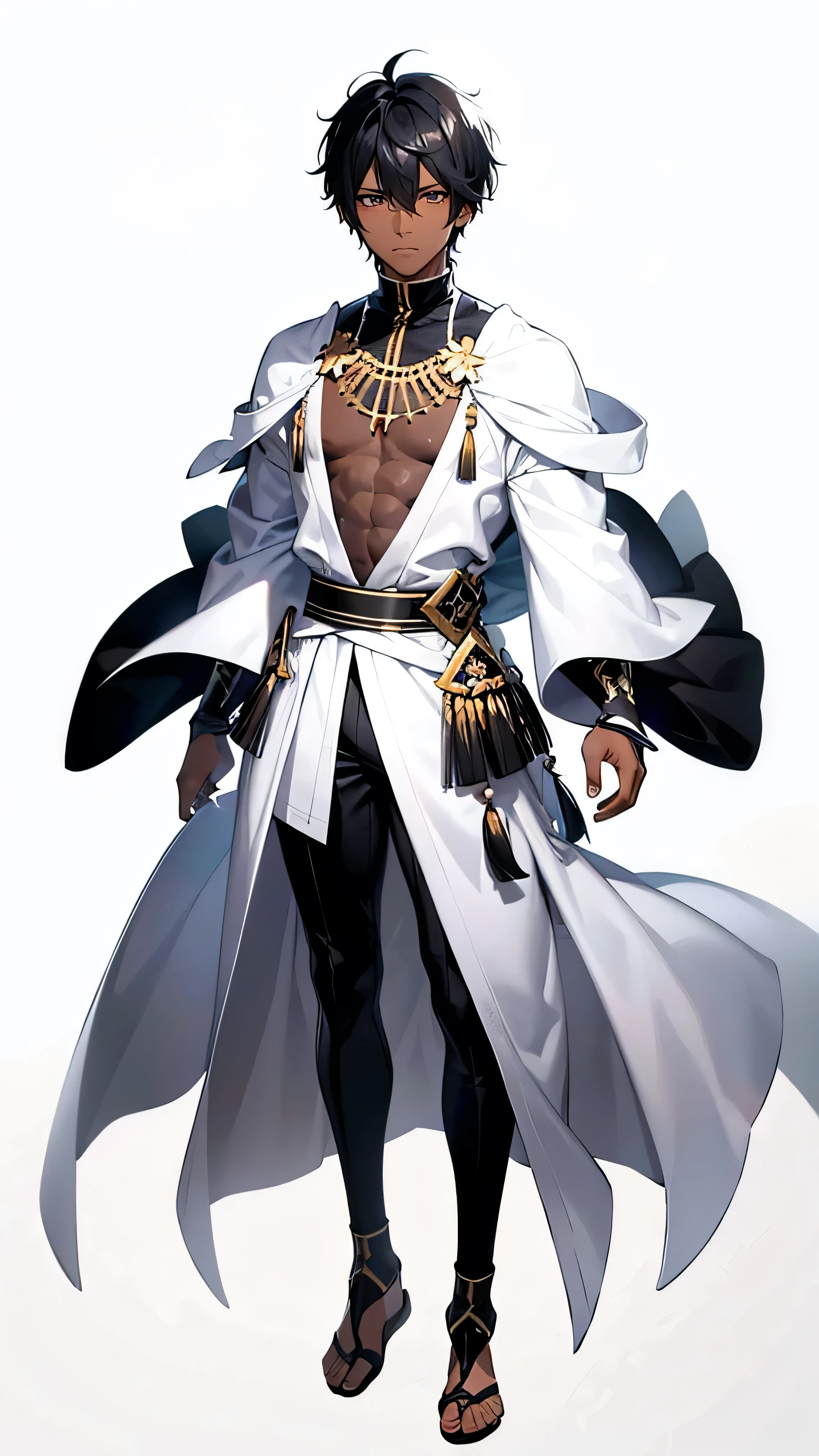 full body anime style portrait of a dark-skinned male wizard with short black hair and some white strands, wearing tribal style outfits, against a minimalist white background, (best quality,4k,8k,highres)