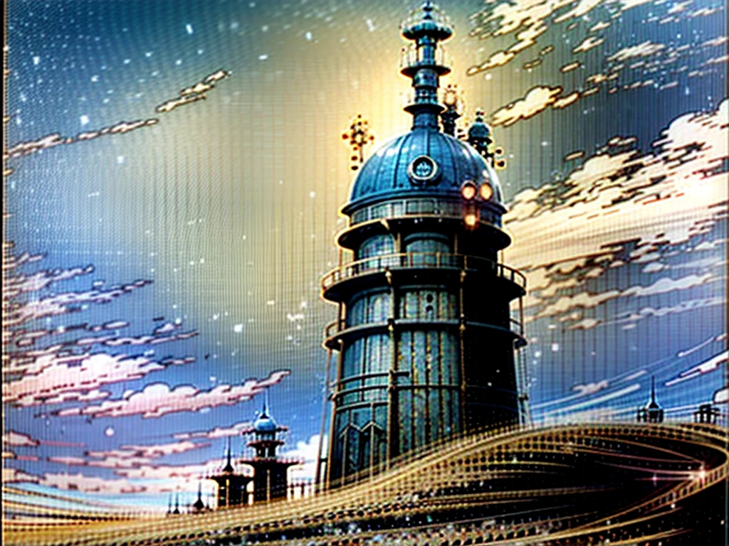 DVD screengrab from studio ghibli movie, beautiful steampunk observatory, clouds on blue sky, designed by Hayao Miyazaki, retro anime