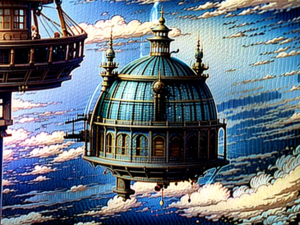 DVD screengrab from studio ghibli movie, beautiful steampunk observatory, clouds on blue sky, designed by Hayao Miyazaki, retro anime