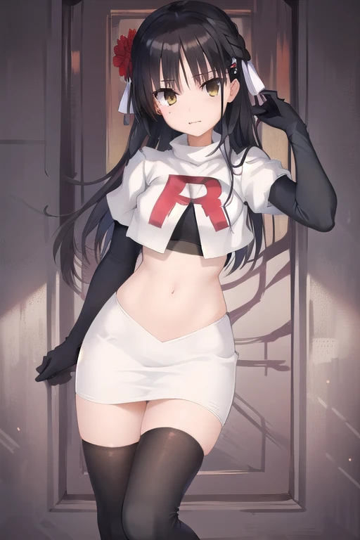 solo, Natsume, black hair, yellow eyes, long hair, hairclip, hair ribbon, mole under eye, hair flower, red flower, team rocket,team rocket uniform,white skirt,red letter R,crop top,black thigh-highs,black elbow gloves