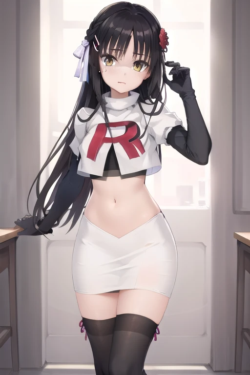 solo, Natsume, black hair, yellow eyes, long hair, hairclip, hair ribbon, mole under eye, hair flower, red flower, team rocket,team rocket uniform,white skirt,red letter R,crop top,black thigh-highs,black elbow gloves