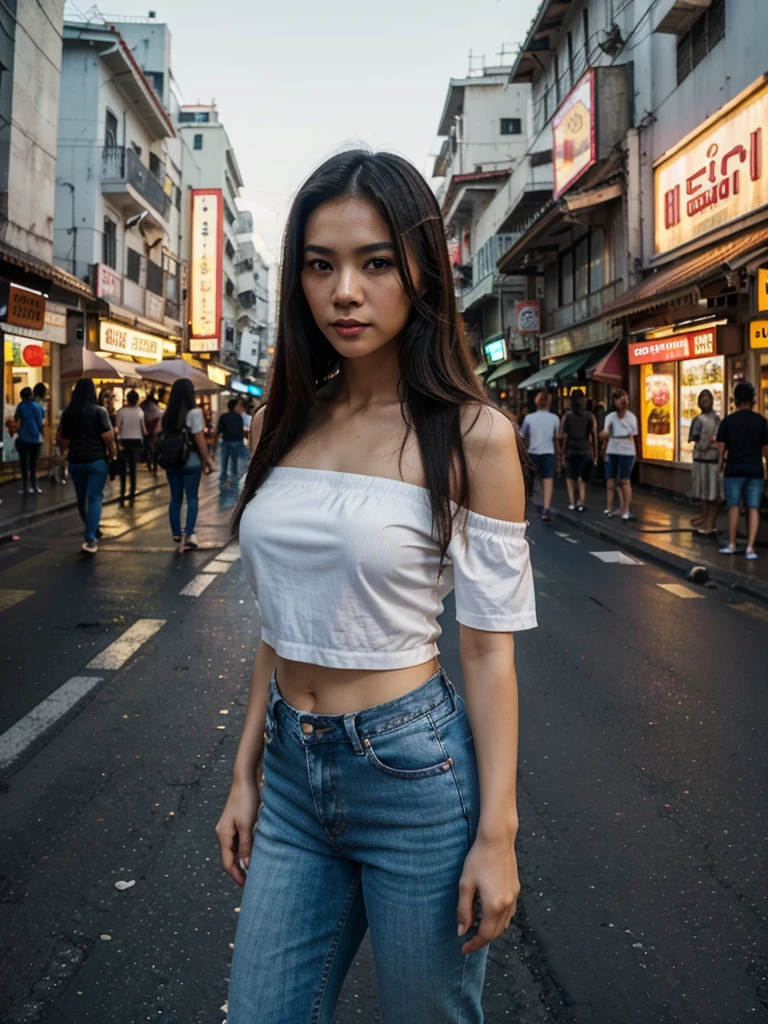 Photo of a beautiful Thai woman in her 40s with long, straight hair, a white women's off-the-shoulder shirt, jeans, standing in the middle of the road, posing beautifully on Yaowarat Road, Chinatown, Thailand, on an empty street without people. The background is a road with colorful neon signs. At night, the body is illuminated with light, capturing wide-angle images, bright colors, high contrast, realistic 32K images with high details. street photography