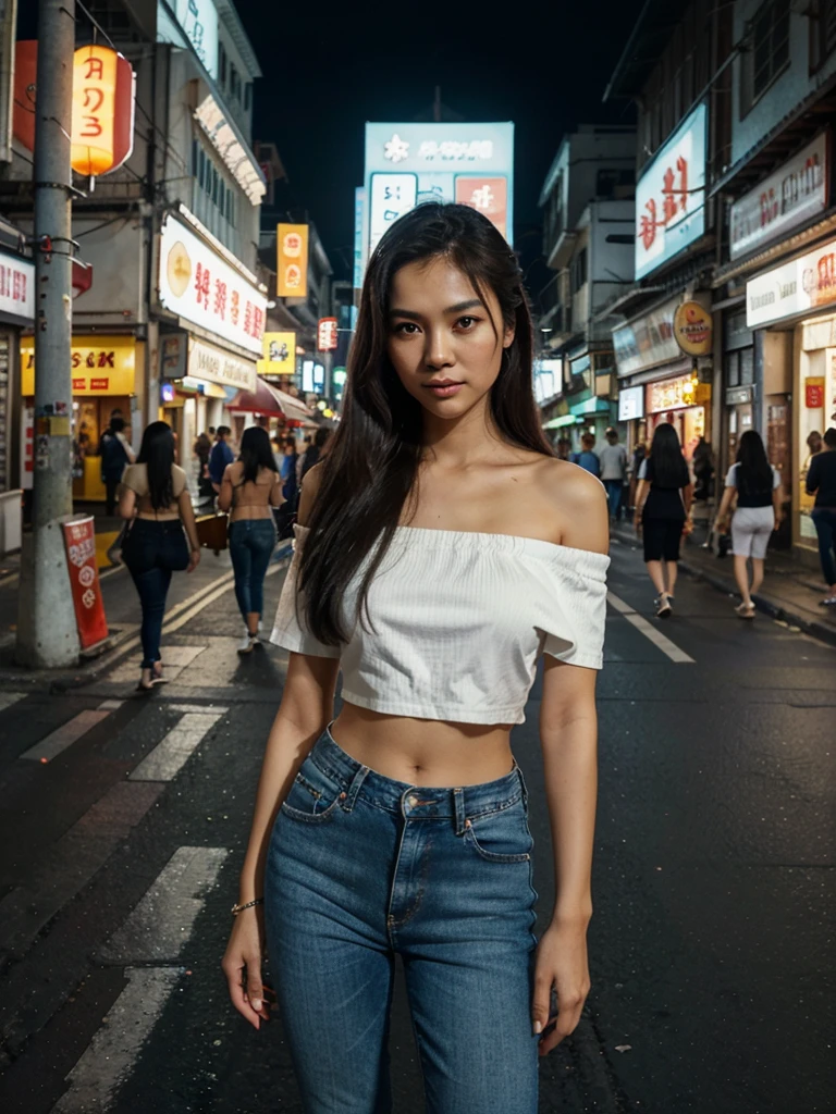 Photo of a beautiful Thai woman in her 40s with long, straight hair, a white women's off-the-shoulder shirt, jeans, standing in the middle of the road, posing beautifully on Yaowarat Road, Chinatown, Thailand, on an empty street without people. The background is a road with colorful neon signs. At night, the body is illuminated with light, capturing wide-angle images, bright colors, high contrast, realistic 32K images with high details. street photography