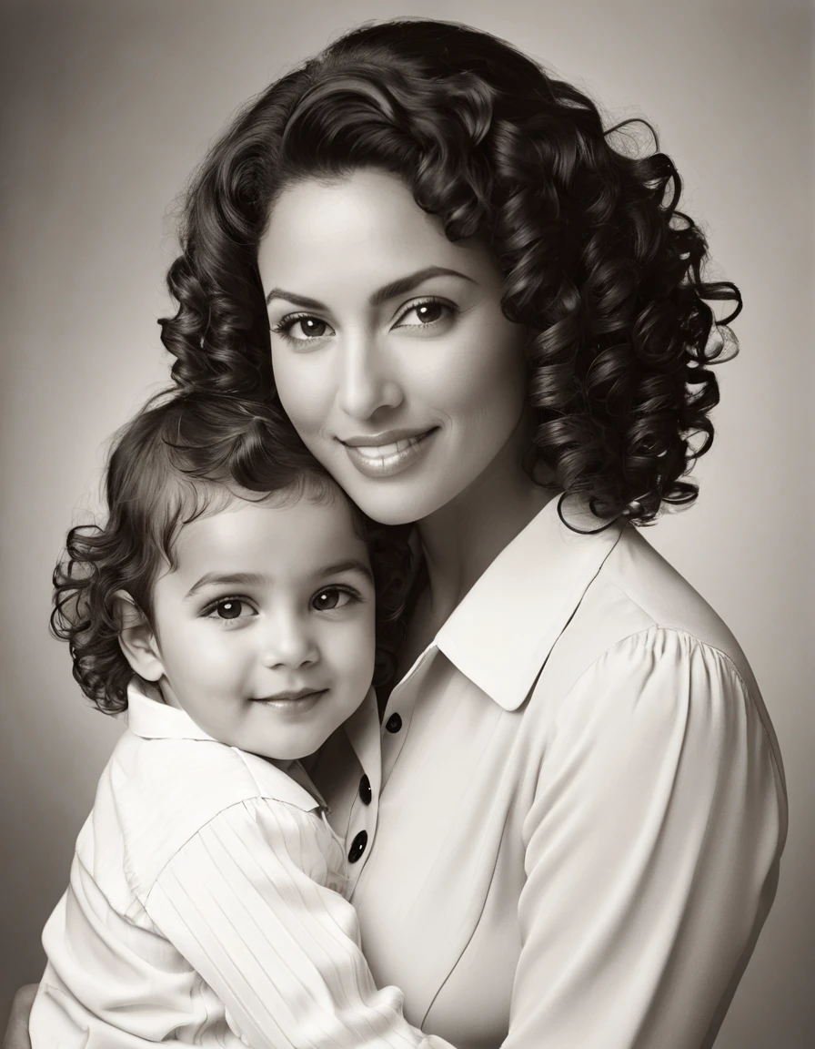 A black and white portrait of a woman with curly hair and a warm smile, holding a young child with a serious expression. The woman is wearing a collared shirt, and the  is dressed in a light-colored outfit with buttons. The background is a simple studio setting, and the photograph captures a tender and timeless moment between the mother and her 