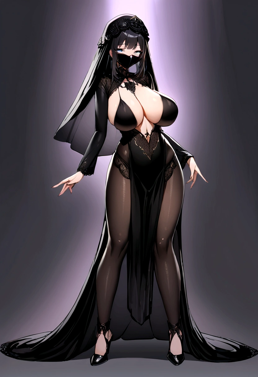 (masterpiece), best quality, expressive eyes, perfect face, (((body covered by a black veil of shadows))), sexy, huge natural breasts , huge ass, full body, black high heels, sexy, beautiful, long black hair, blue eyes, full body, aroused, lustful look, horny, (sadistic), (((Black mask with an eldritch design))), ((((1girl)))), standing pose