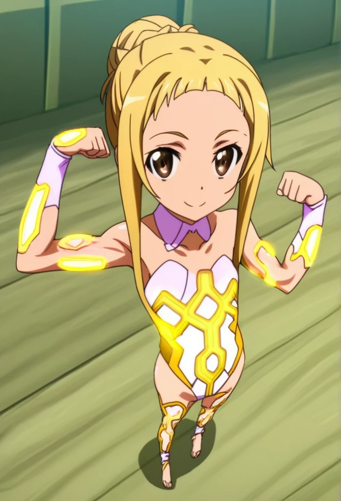 1girl, solo, official style, young girl, children, Yui, Sao, sword_art_online, blonde hair, high hair bun, single hair bun, ballerina bun, forehead, board forehead, makeup, gold face, brown eyes, (metallic skin _1.5), (gold skin_3.0), bodypaint, shiny skin, body shiny, glowing skin, goldcarvingcd, SlightMuscle, Bulky, Bodybuilder, Hypermuscle, alternate muscle size, leotard, gold leotard, highleg, clothing cutout, stomach cutout, looking at viewer, smile, closed mouth, full body, from above, standing, from side, bare shoulder, barefoot, pose, arms up, double biceps pose, flexing, indoors, museum, building, light,