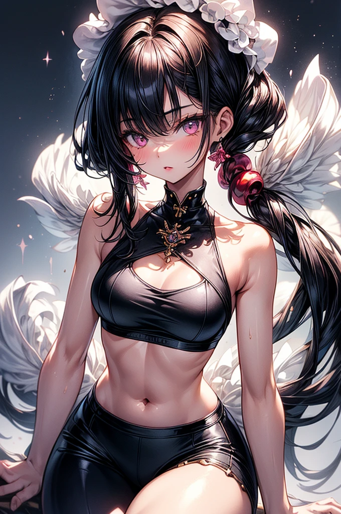 ((highest quality)),(ultra high resolution),(Super detailed),(detailed description),((best CG)),(best work of art),super precision art, great drawing art,(Art with precise details:1.5), (1 young girl:1.5), beautiful and well-shaped face:1.5,(Beautiful skin with precise and detailed depiction:1.6),(Halter neck crop top, knee length gym shorts ),gorgeous, masterpiece, best quality, high-resolution, finely detailed, extremely detailed and beautiful, distinct-image, 1 girl, 16 year old teemager, solo, sharp facial features, oval shaped face. cherry pink lips, lightly tanned white skin. velvet-colored eyes, C-cup breasts, tall height(175cm), slim yet chiseled body type, short shoulder length dark violet-black hair, small narrow waist, long and slender legs, curvy wide hips, elegant gothic courtyard setting