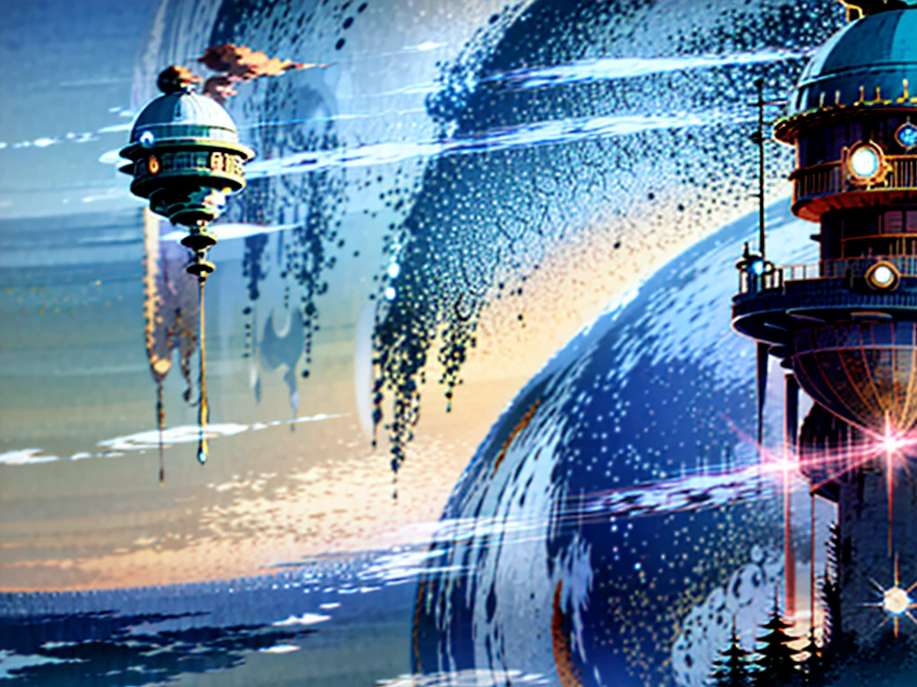 DVD screengrab from studio ghibli movie, beautiful steampunk observatory, clouds on blue sky, designed by Hayao Miyazaki, retro anime