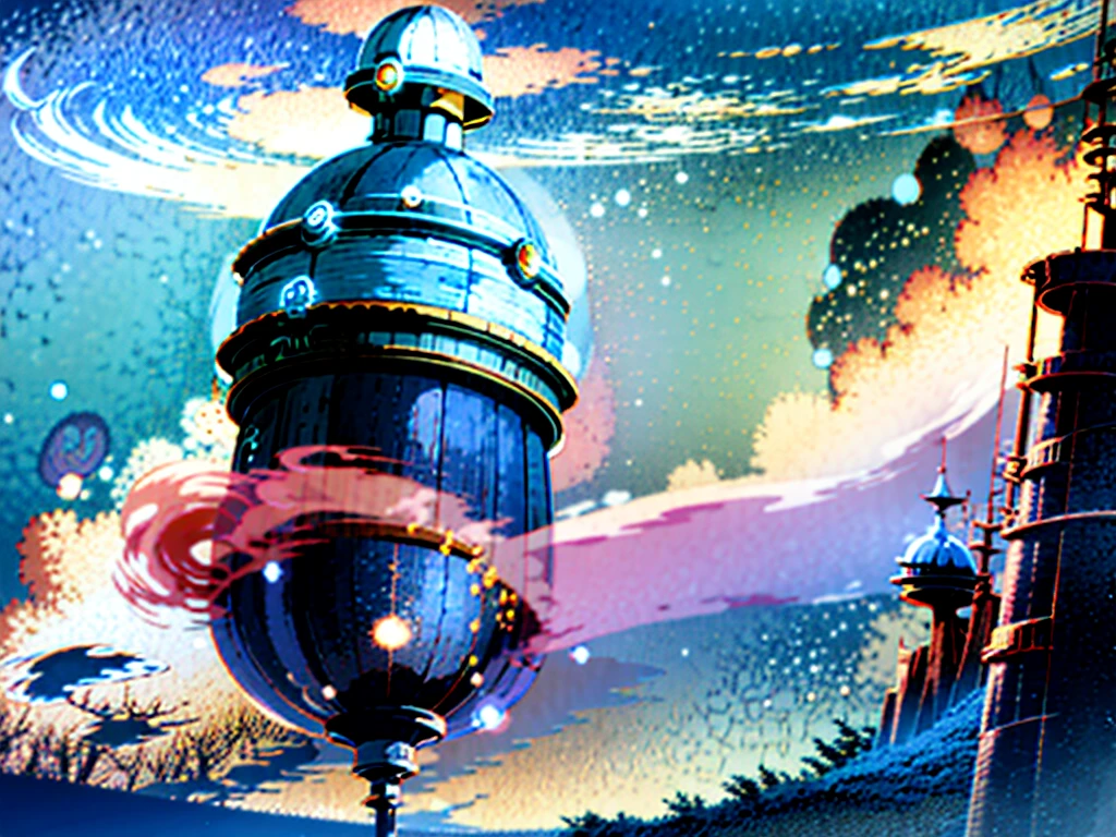 DVD screengrab from studio ghibli movie, beautiful steampunk observatory, clouds on blue sky, designed by Hayao Miyazaki, retro anime