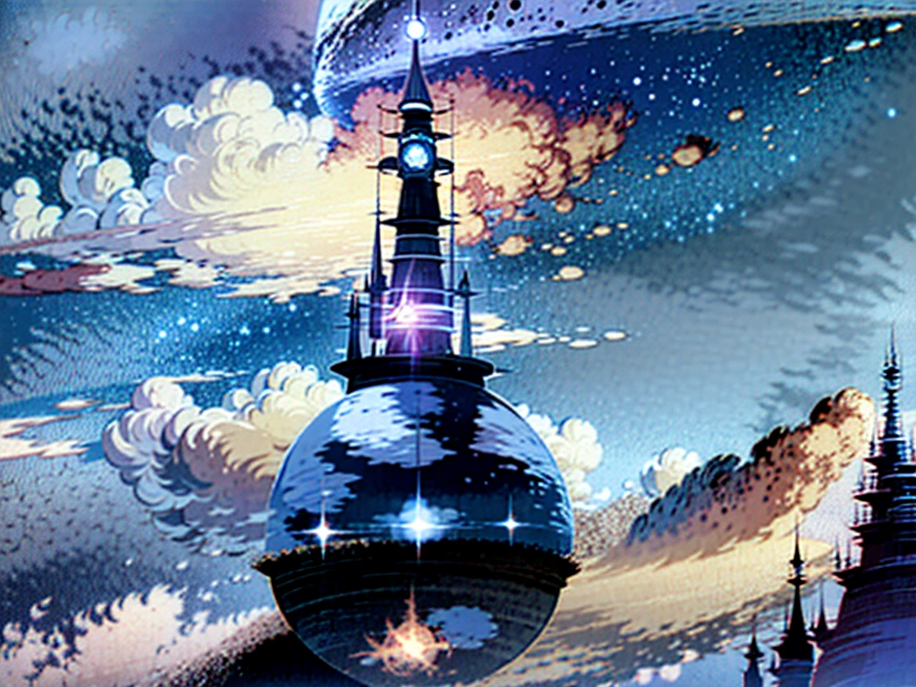 DVD screengrab from studio ghibli movie, beautiful steampunk observatory, clouds on blue sky, designed by Hayao Miyazaki, retro anime