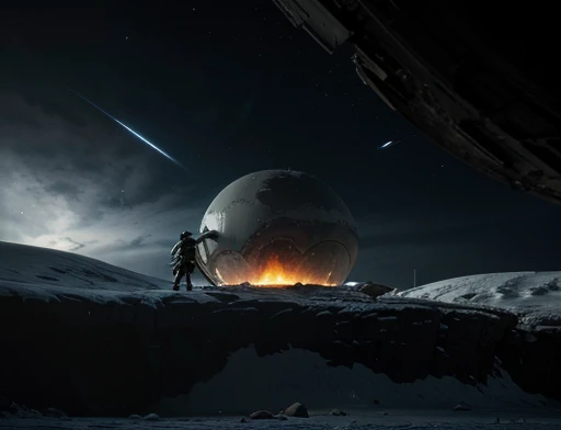 A Flying Saucer-Shaped Alien Ship Has Crashed to the Ground, half buried, frozen planet setting, snowstorm , zoomed in on crotch, , chunie, darkgem, there is an astronaut watching this spaceship